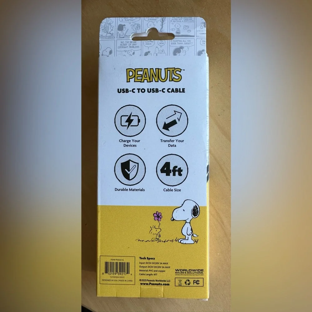 Peanuts USB-C To USB-C charging cable, NWT